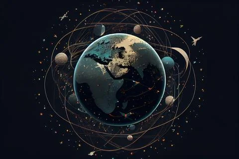 A picture of the earth surrounded by many different objects in space includ.. Stockillustratie