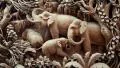 Picture with elephants made of one piece of wood at a teak factory in Thailand HD Footage