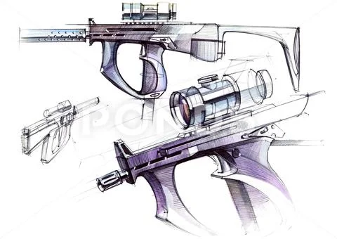 Picture of an exclusive automatic weapon submachine gun for melee. Stock Illustration