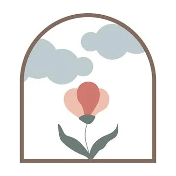 A picture with a flower on a background of clouds in an arch, a window, a fra Stock Illustration