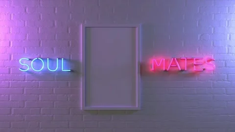 Picture Frame on A Brick Wall with Soulmates Neon Signs Stock Footage