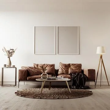 Picture frame interior set in empty room with sofa, lamp and center table Stock-Illustration