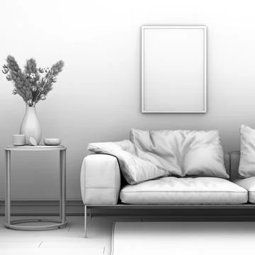 Picture frame interior set in empty room with sofa, 3D render Illustrazione stock