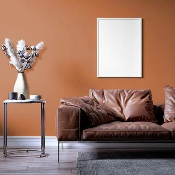 Picture frame interior set in empty room with sofa, 3D render Illustrazione stock