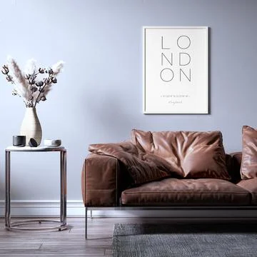 Picture frame interior set in empty room with sofa, 3D render Illustrazione stock