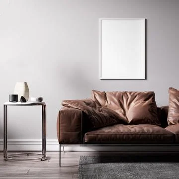 Picture frame interior set in empty room with sofa, 3D render Illustrazione stock