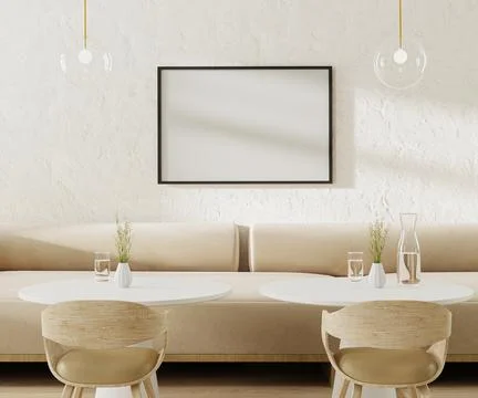 Picture frame mock up above light beige sofa in cafe with round coffee tables Ilustração Stock