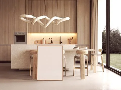 Picture frame mockup and template in a minimalist scandinavian kitchen with Ilustração Stock
