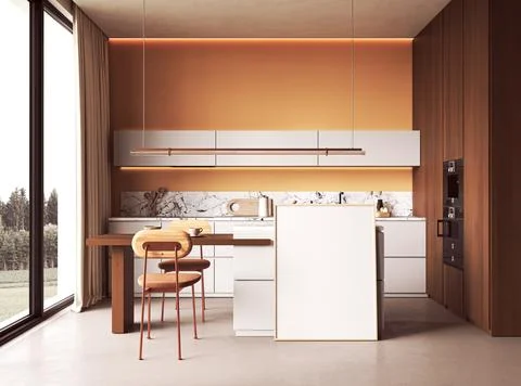 Picture frame mockup and template in a japandi minimalist kitchen with wooden Illustrazione stock
