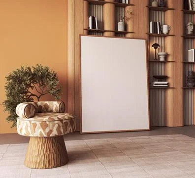 Picture frame mockup and template with a patterned chair in a minimalist modern Illustrazione stock