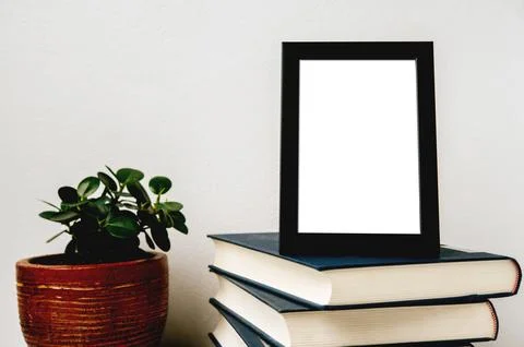 A picture frame placed on a book with a small plant pot Stock Photos