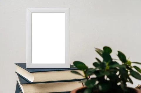 A picture frame placed on a book with a small plant pot Stock Photos