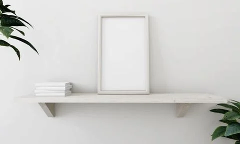 Picture frame placed on the shelf with flower pots. Stock Illustration