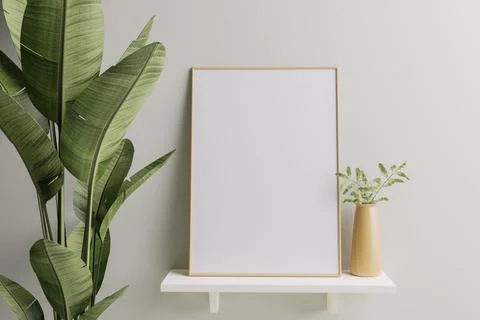 Picture frame placed on the shelf with flower pots. Stock Illustration