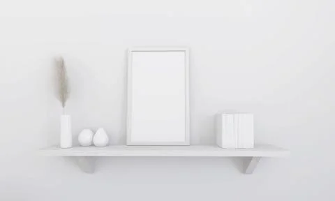 Picture frame placed on the shelf with flower pots. Stock Illustration