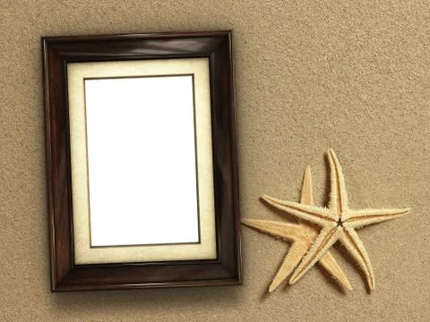Picture frame on shells and sand background Illustrazione stock