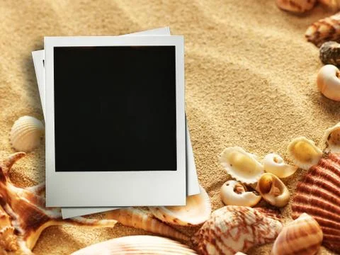 Picture frame on shells and sand background Stock Photos