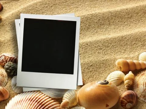 Picture frame on shells and sand background Stock Photos