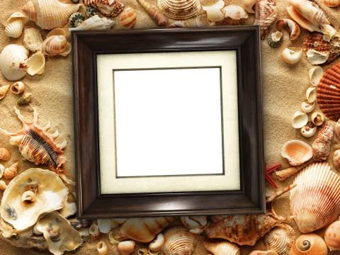 Picture frame on shells and sand background Stock Photos