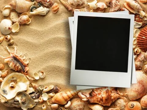 Picture frame on shells and sand background Stockfoto's