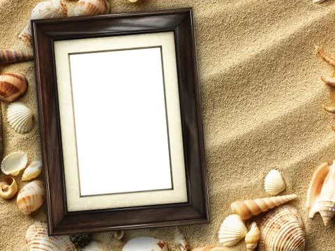 Picture frame on shells and sand background Stock Photos