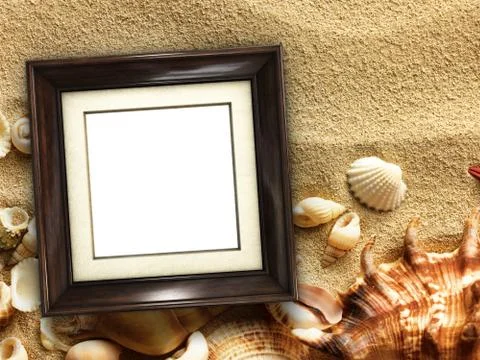 Picture frame on shells and sand background Foto stock
