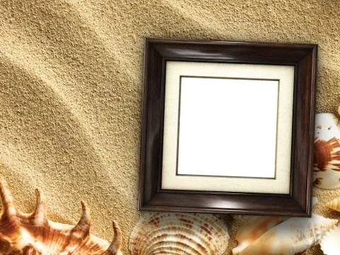 Picture frame on shells and sand background 스톡 사진