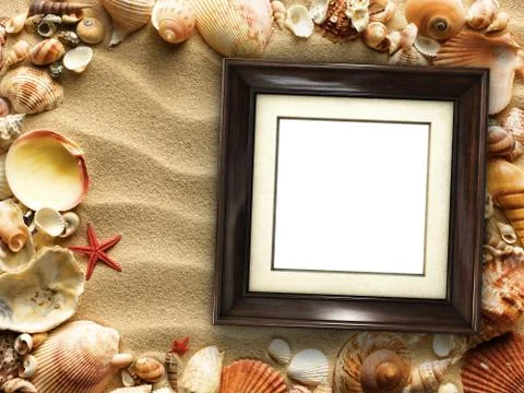 Picture frame on shells and sand background 스톡 사진