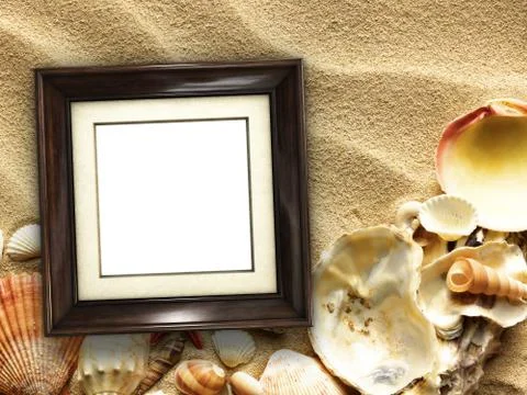 Picture frame on shells and sand background Stock Photos