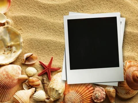 Picture frame on shells and sand background 스톡 사진