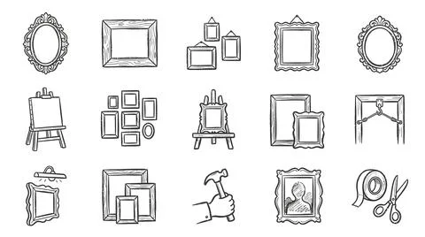 Picture frames and wall art hanging tools professional hand drawn line draw.. Stock Illustration