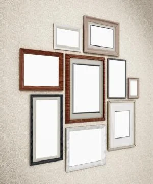 Picture frames arranged on the wall. 3D dimensional Stock-Illustration