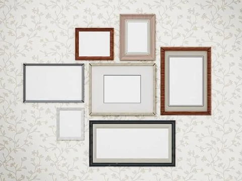 Picture frames arranged on the wall. 3D dimensional Picture frames arrange... Stock Photos
