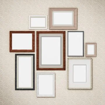 Picture frames arranged on the wall. 3D dimensional Picture frames arrange... Stock Photos
