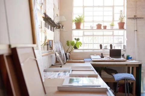 Picture frames being assembled in a framing studio Stock Photos