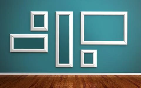 Picture frames on blue wall and wood floor 3d render Stock Illustration