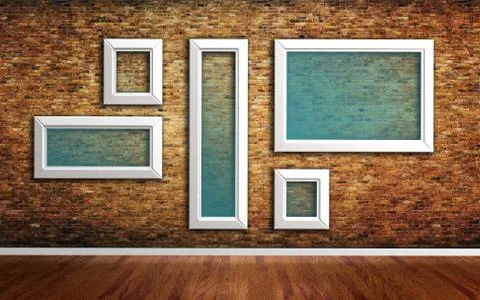 Picture frames on brick wall and wood floor 3d render Stock Illustration