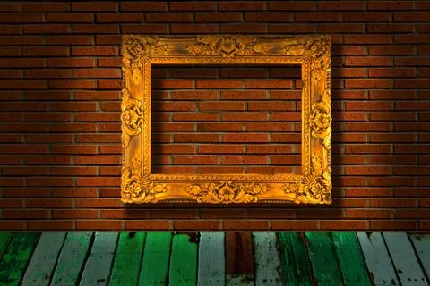 Picture frames on brick wall Foto stock