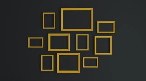 Picture frames collage dark grey concept with yellow frame 3d rendering Stock Illustration