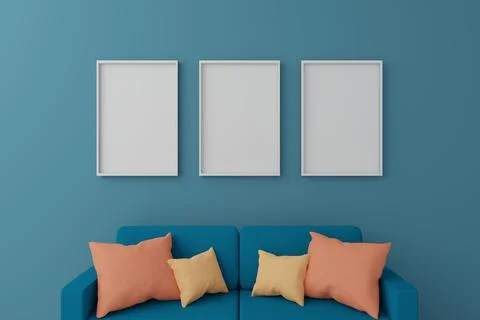 Picture frames hanging on the blue wall over the blue couch Stock Illustration