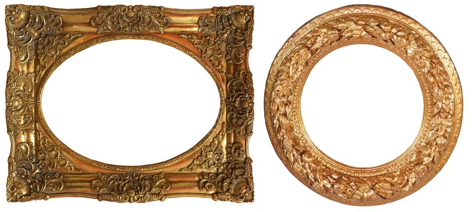 Picture frames isolated on white background set antique gilded gold silver Stockfoto's
