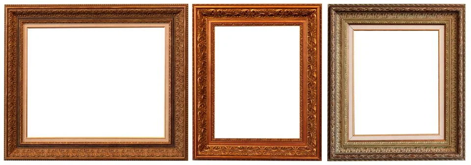 Picture frames isolated on white background set antique gilded gold silver Stockfoto's