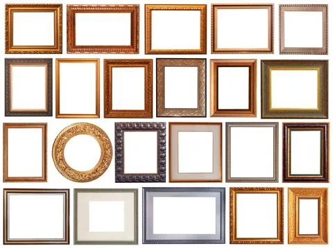 Picture frames isolated on white background antique carved gold Stockfoto's
