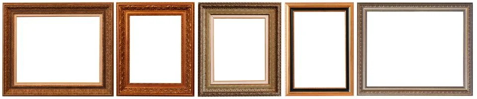 Picture frames isolated on white background set antique gilded gold silver Stock Photos