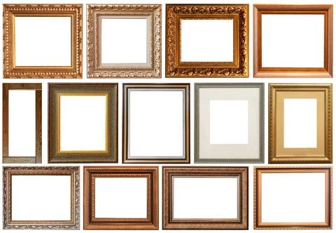 Picture frames isolated on white background antique carved gold Stockfoto's