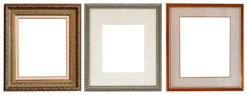 Picture frames isolated on white background set antique gilded gold silver Stock Photos