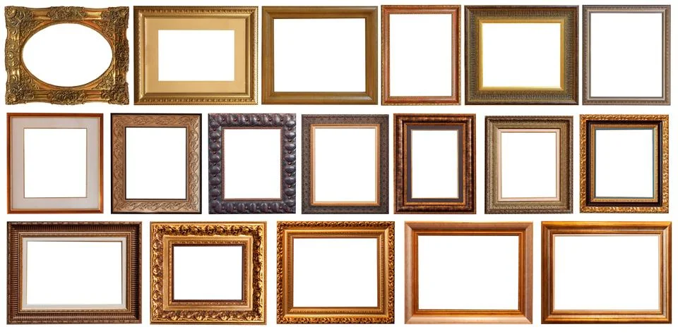 Picture frames isolated on white background set antique gilded gold silver Stock Photos