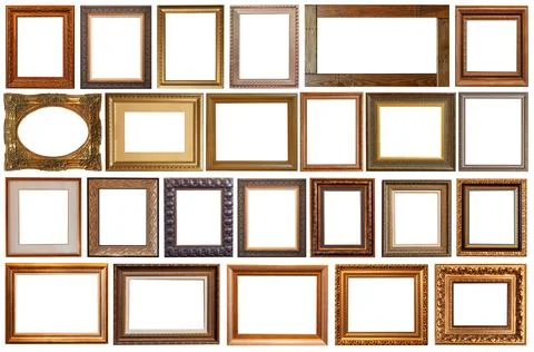 Picture frames isolated on white background set antique gilded gold silver Stock Photos