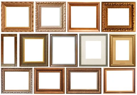 Picture frames isolated on white background antique carved gold Stockfoto's