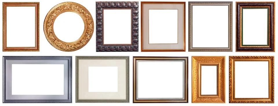Picture frames isolated on white background antique carved gold Foto stock
